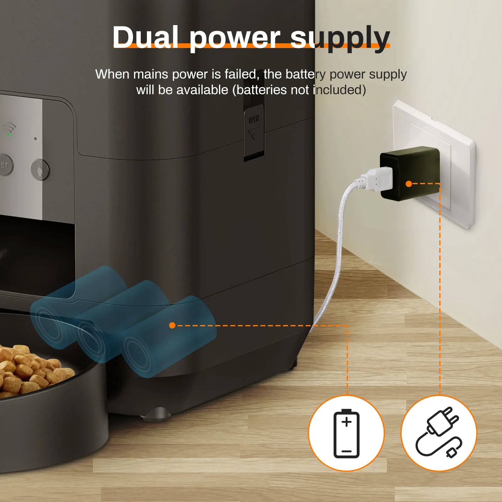 Double alimentation : câble USB et piles de secours