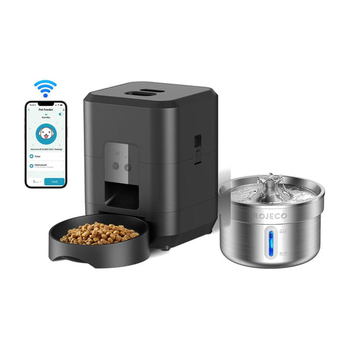 Duo distributeur de croquettes connecté et fontaine à eau inox